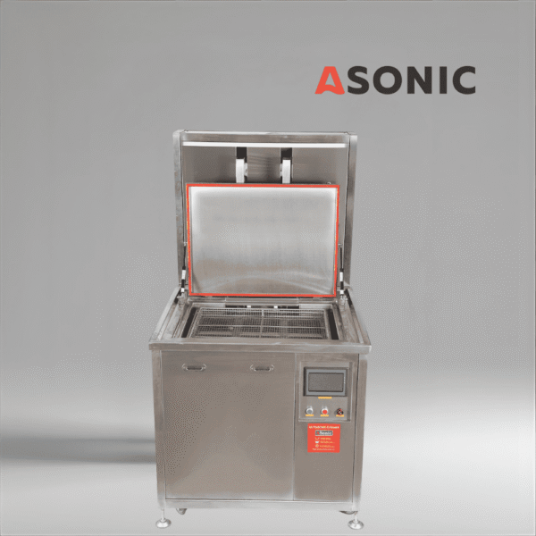 ASONIC IND-2000 Пневматичен, тежкотоварен ултразвуков почистващ апарат с автоматичен пневматичен повдигач за големи инструменти и машини.