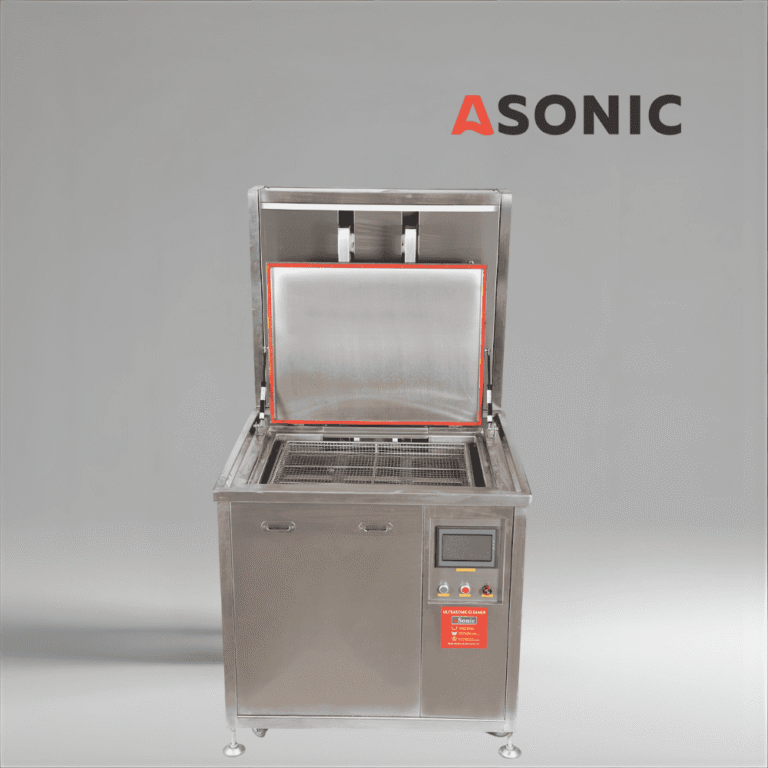 ASONIC IND-2000 Пневматичен, тежкотоварен ултразвуков почистващ апарат с автоматичен пневматичен повдигач за големи инструменти и машини.