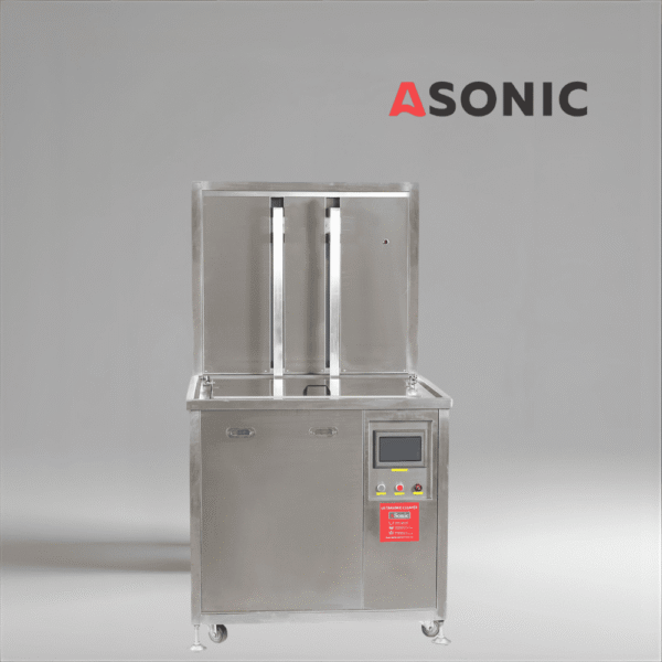 ASONIC IND-2000 Пневматичен ултразвуков почистващ апарат, здрава конструкция от неръждаема стомана с пневматичен повдигач за кошници за фабрики.