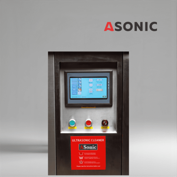 ASONIC IND-2000 Пневматична индустриална ултразвукова почистваща машина с голям резервоар и пневматичен повдигач за тежки детайли.