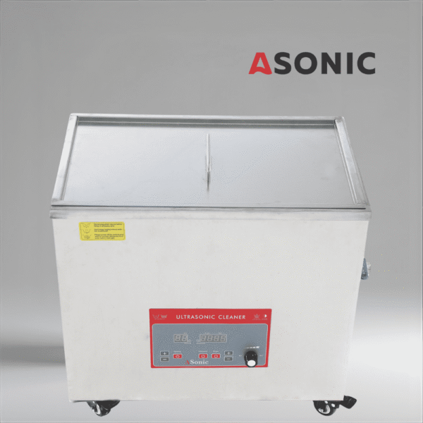ASONIC 40L промишлен ултразвуков почистващ уред с капак от неръждаема стомана, предназначен за професионална употреба.