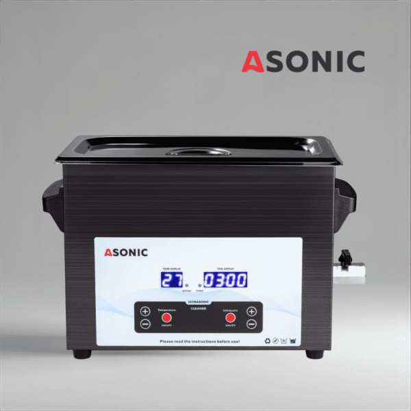 ASONIC MED 5L ултразвукова почистваща машина в черно с затворен капак за професионална медицинска употреба.