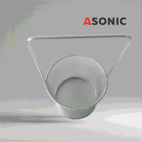 „ASONIC inox кръгла кошница Ø75mm с дръжка, удобен аксесоар за ултразвукови почистващи машини, идеален за малки предмети.