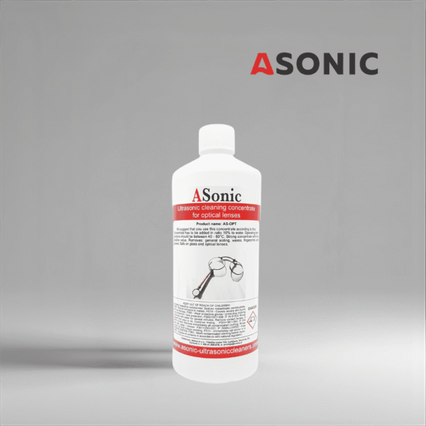 ASONIC AS-OPT-1 оптичен ултразвуков почистващ разтвор, бутилка от 1 л за безопасно почистване на лещи, очила и оптични устройства.