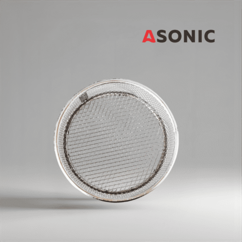 ASONIC inox средна кръгла кошница Ø75mm, предназначена за ултразвукови почистващи уреди, за безопасно съхранение на бижута, инструменти и малки компоненти.